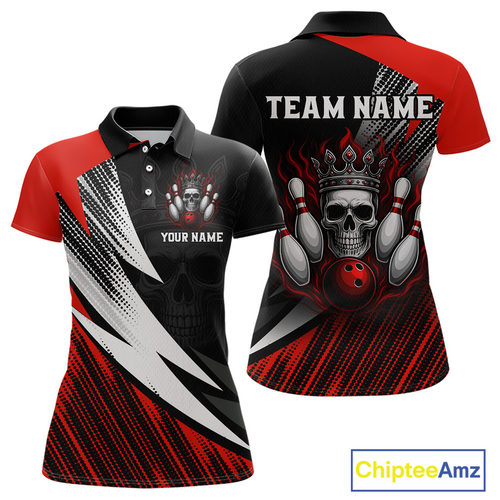 Red Skull Crown Bowling Custom Women Bowling Shirt Polo & Quarter-Zip Bowling Team Jerseys HNT65