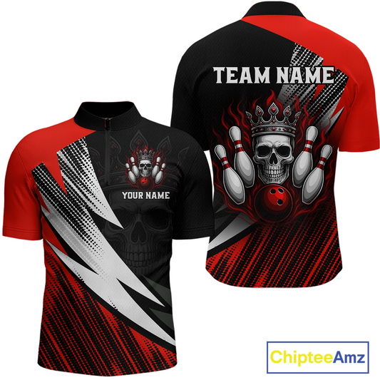 Red Skull Crown Bowling Custom Men Bowling Shirt Polo & Quarter-Zip Bowling Team Jerseys HNT65