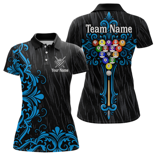 Custom Blue Baroque Pattern Ball Pool Billiard Shirts for Women Team Polo & 1/4 Zip Shirts NNT60