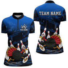 Load image into Gallery viewer, Custom Blue Funny Turkey Bowling Jersey for Women Thanksgiving Bowling Team Shirts Polo &amp; 1/4 Zip HNT125