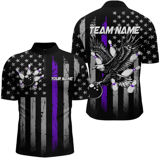 Custom Purple US Flag Eagle Bowling Jersey for Men Bowling Team Shirts Polo & 1/4 Zip HNT119