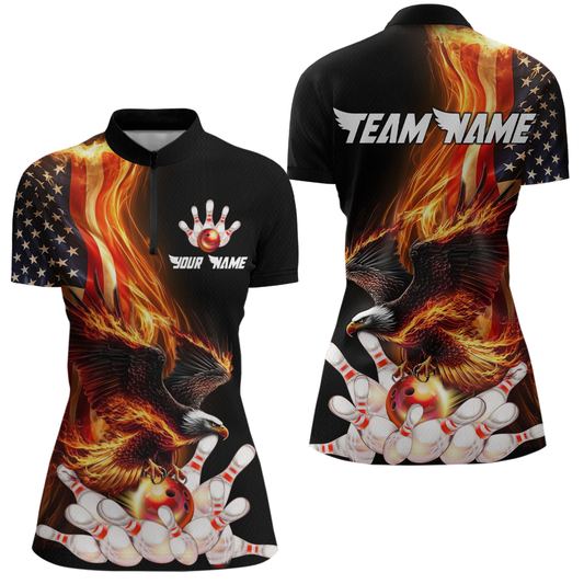 Personalized Flaming US Flag Eagle Bowling Shirt Bowling Jersey for Women Team Polo & 1/4 Zip HNT38
