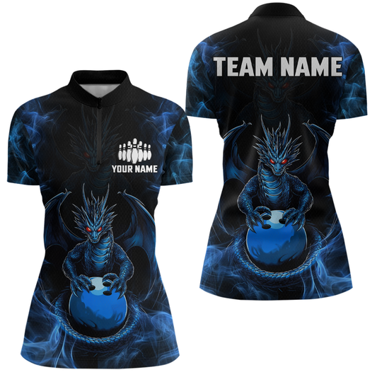 Blue Dragon Custom Name Bowling Shirts For Women, Bowling Team Jersey Polo & Quarter-Zip Shirt HNT39