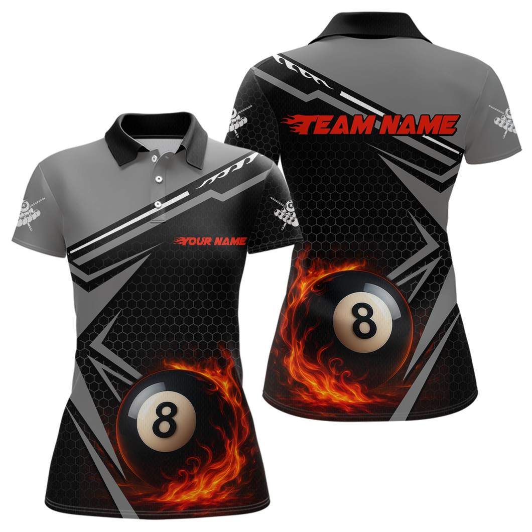 Personalized Grey 8 Ball Flame Billiard Shirts for Women, Billiard Team Polo & 1/4 Zip Shirts NNT65
