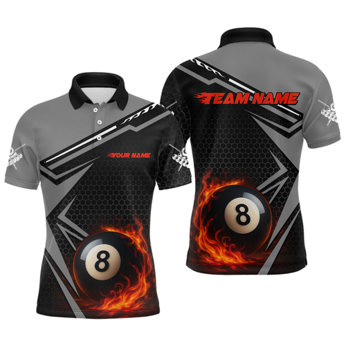 Personalized Grey 8 Ball Flame Billiard Shirts for Men, Billiard Team Polo & 1/4 Zip Shirts NNT65