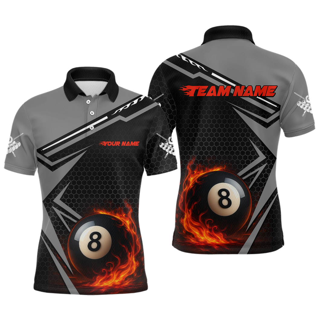 Personalized Grey 8 Ball Flame Billiard Shirts for Men, Billiard Team Polo & 1/4 Zip Shirts NNT65