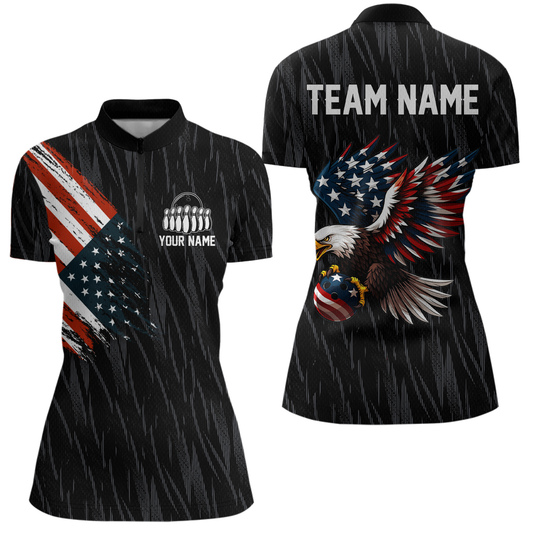 Custom American Flag Eagle Bowling Women Polo & 1/4 Zip Shirts Bowling Team Jerseys HNT89