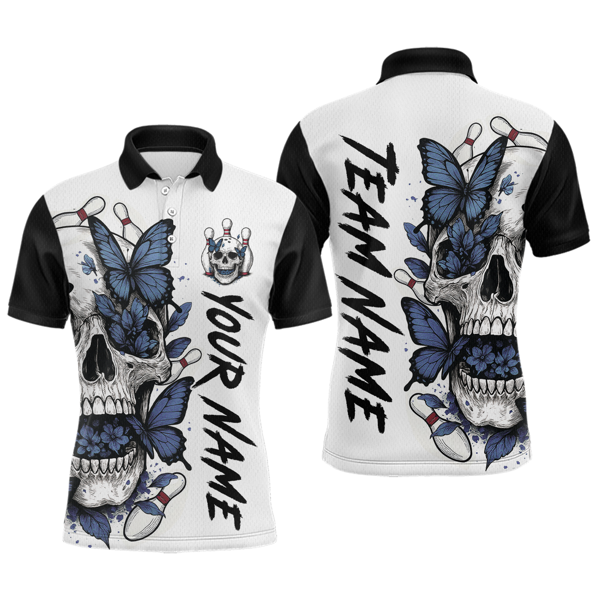Blue Butterfly Skull Bowling Men Bowling Shirt Polo & Quarter-Zip Bowling Team Jerseys HNT80