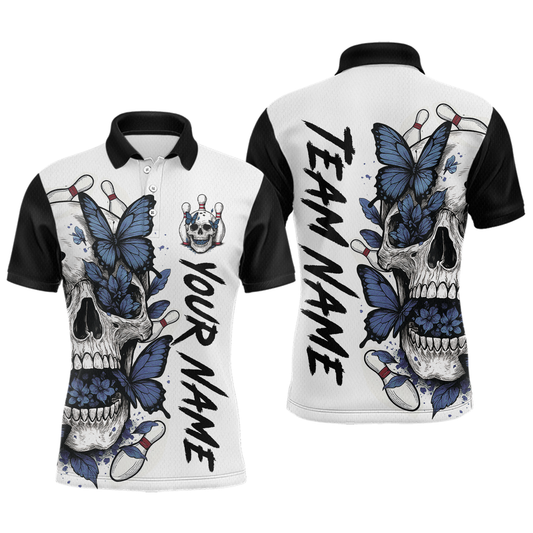 Blue Butterfly Skull Bowling Men Bowling Shirt Polo & Quarter-Zip Bowling Team Jerseys HNT80