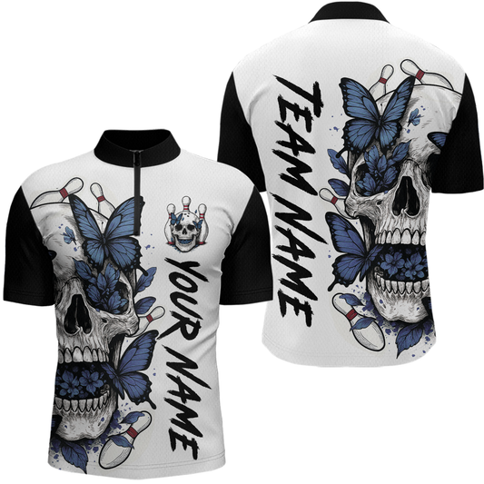 Blue Butterfly Skull Bowling Men Bowling Shirt Polo & Quarter-Zip Bowling Team Jerseys HNT80