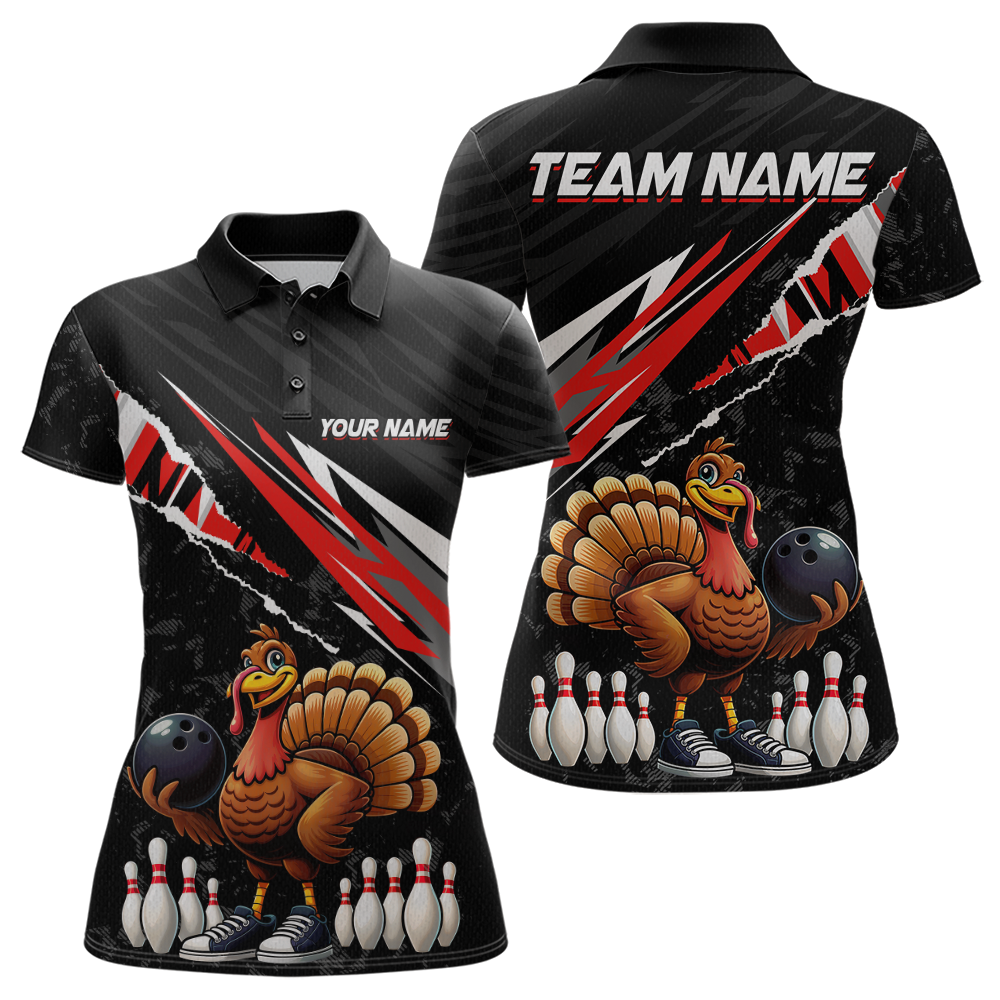 Custom Red Funny Turkey Bowling Jersey for Women Thanksgiving Bowling Shirts Polo & 1/4 Zip HNT117