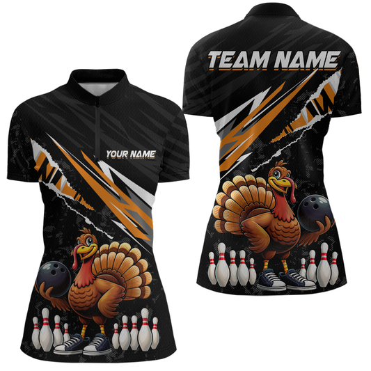 Custom Orange Funny Turkey Bowling Jersey for Women Thanksgiving Bowling Shirts Polo & 1/4 Zip HNT117