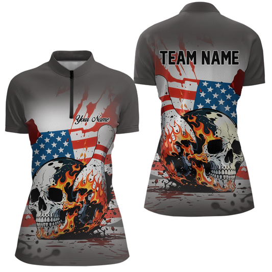 Custom American Flag Skull Flame Bowling Women Polo & 1/4 Zip Shirts Bowling Team Jerseys HNT91