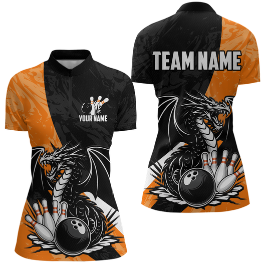 Custom Orange Dragon Bowling Women Shirts Bowling Uniform Polo & 1/4 Zip Bowling Team Jerseys HNT103