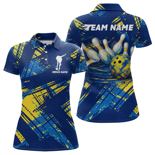Custom Blue Yellow Bowling Jersey for Women Bowling Uniform Polo & 1/4 Zip Bowling Team Shirts HNT122