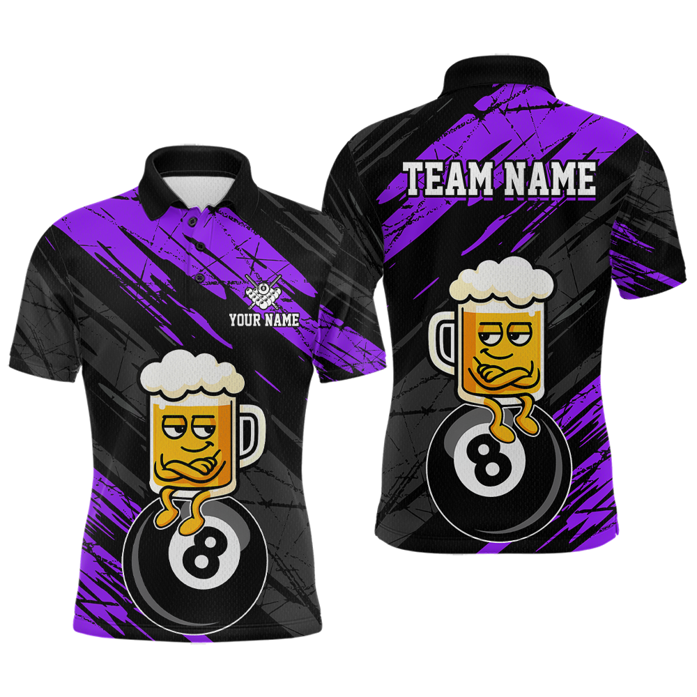 Custom Purple Funny Beer 8 Ball Billiard Shirts for Men Billiard Team Shirts Polo & 1/4 Zip NNT78