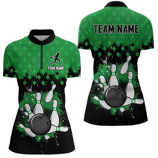 Custom Green Bowling Jersey For Men Bowling Shirt Team Bowling Quarter-Zip Shirt CP09