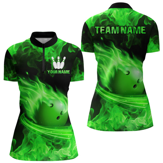 Custom Green Flame Bowling Jersey For Men Bowling Shirt Team Bowling Quarter-Zip Shirt CP08