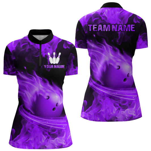 Custom Purple Flame Bowling Jersey For Men Bowling Shirt Team Bowling Quarter-Zip Shirt CP08