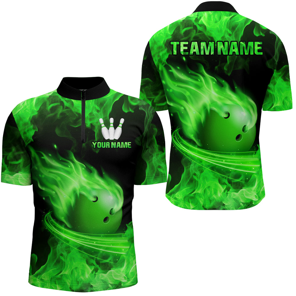 Custom Green Flame Bowling Jersey For Men Bowling Shirt Team Bowling Quarter-Zip Shirt CP08