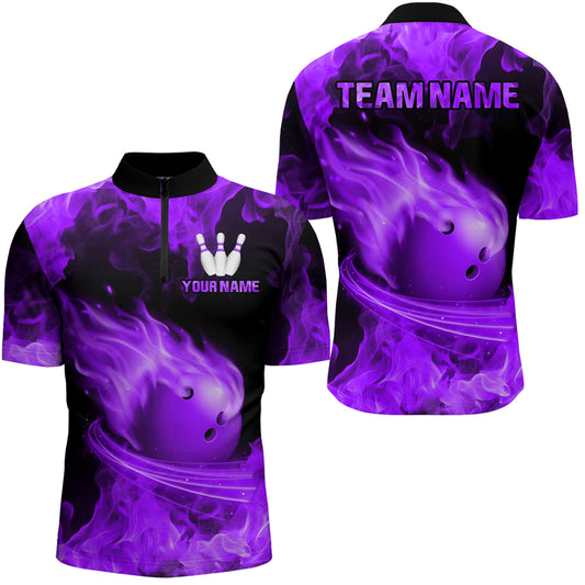 Custom Purple Flame Bowling Jersey For Men Bowling Shirt Team Bowling Quarter-Zip Shirt CP08