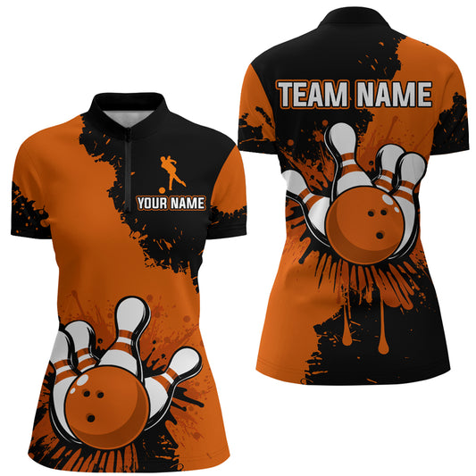 Custom Orange Bowling Jersey For Men Bowling Shirt Team Bowling Quarter-Zip Shirt CP05