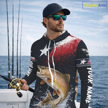 Load image into Gallery viewer, Custom Vintage Brown Trout Long Sleeve Hooded Patriotic Fishing Shirt For Men, Trout Texas Flag Fishing Shirt NHT767
