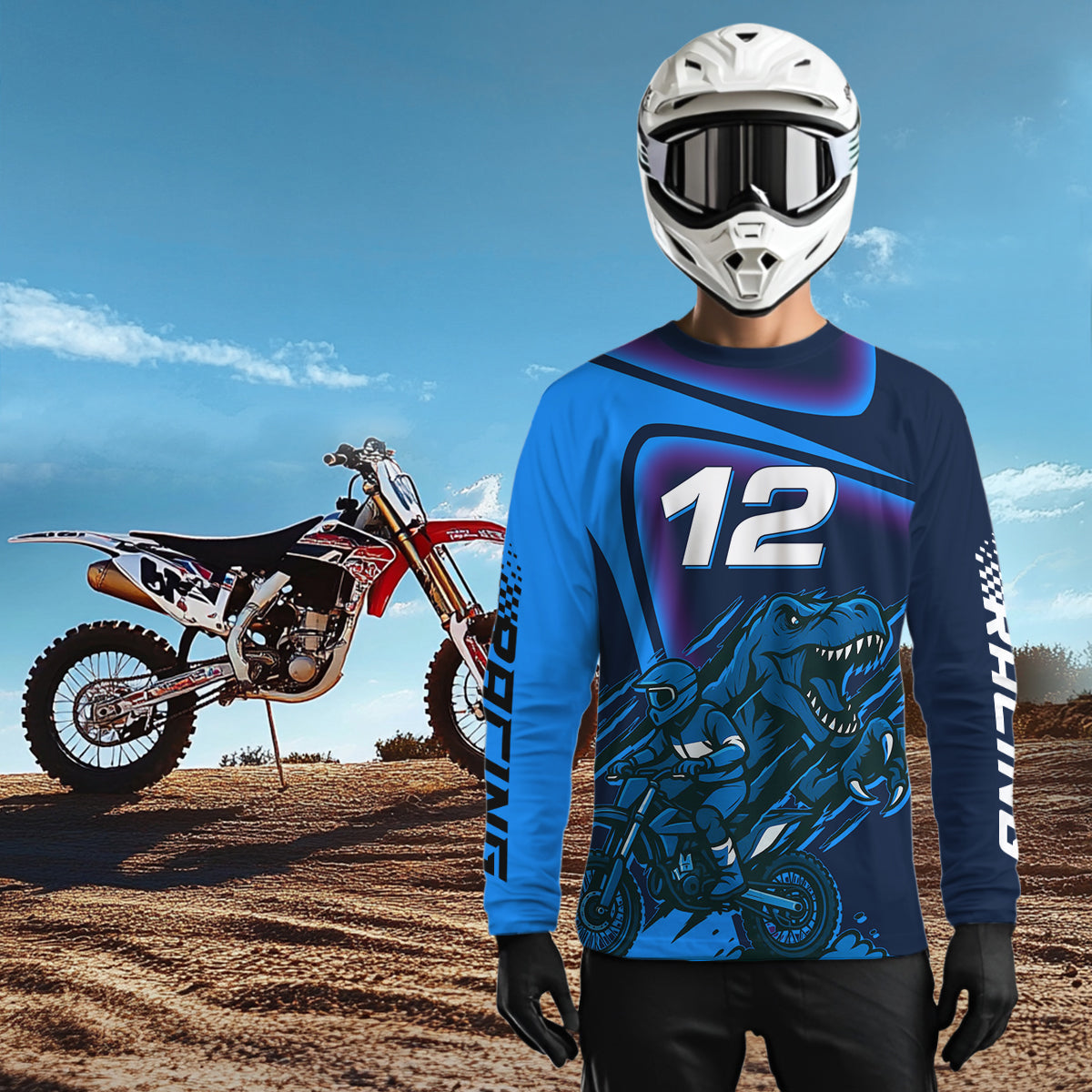 Dinosaur Motocross Jersey Custom Blue Dirt Bike Jersey for Women Men Kid Upf30+ XM366