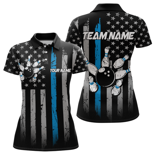 US Blue Flag Bowling Shirt for Women Custom Name Polo & Quarter-Zip Bowling Jersey Bowling Team Shirt HNT23