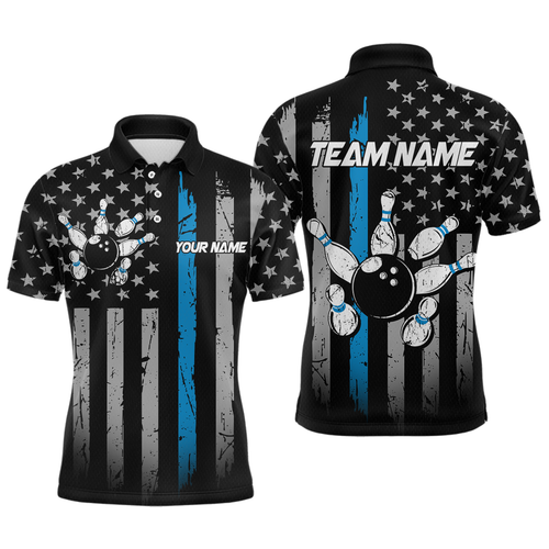 US Blue Flag Bowling Shirt for Men Custom Name Polo & Quarter-Zip Bowling Jersey Bowling Team Shirt HNT23