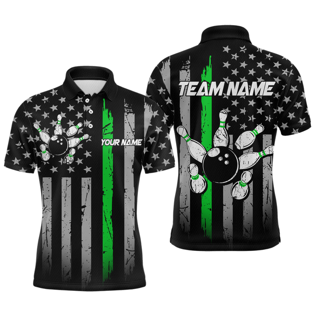 US Green Flag Bowling Shirt for Men Custom Name Polo & Quarter-Zip Bowling Jersey Bowling Team Shirt HNT23