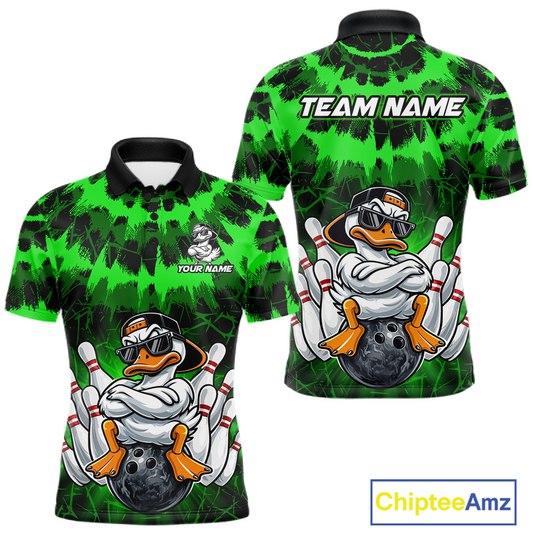 Custom Green Funny Duck Bowling Jersey for Men Bowling Uniform Polo & 1/4 Zip Bowling Team Shirts HNT238