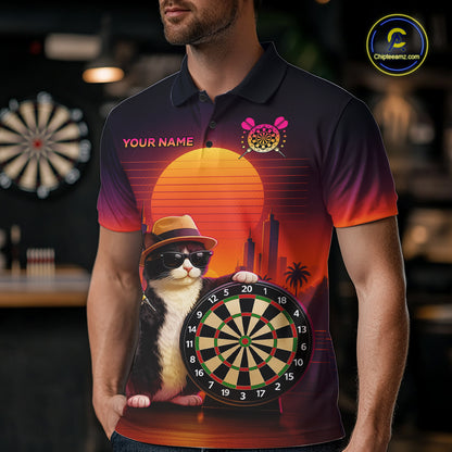 Funny Cat Retro Dart Shirts For Men Custom Dart Board Shirts Polo & 1/4 Zip Dart Jersey Team NNT124