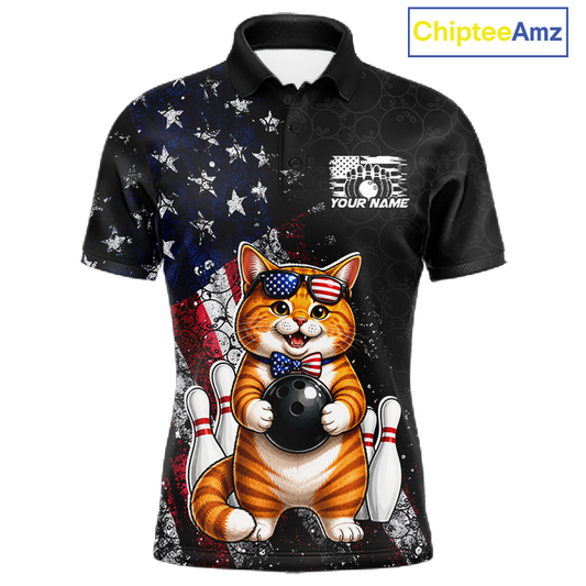 Men polo shirt with a cat bowling design and American flag pattern, featuring 'Chiptee Amz' branding.