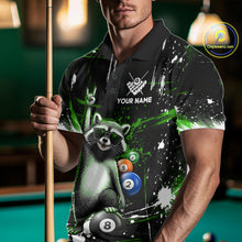 Load image into Gallery viewer, Custom Green Funny Raccoon Billiard Shirt for Men 8 Ball Pool Billiard Jersey Polo &amp; 1/4-Zip BHT5