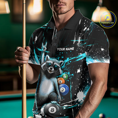 Custom Turquoise Funny Raccoon Billiard Shirt for Men 8 Ball Pool Billiard Jersey Polo & 1/4-Zip BHT5