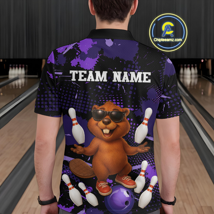 Custom Purple Funny Beaver Bowling Team Shirt Men Bowling League Jersey Polo Bowling Outfit QZT764