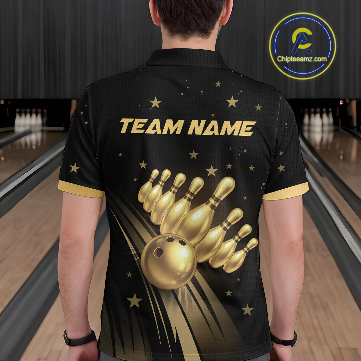 Custom Black and Gold Bowling Jersey for Men Bowling Team Shirts Bowling Uniform Polo & 1/4 Zip HNT176