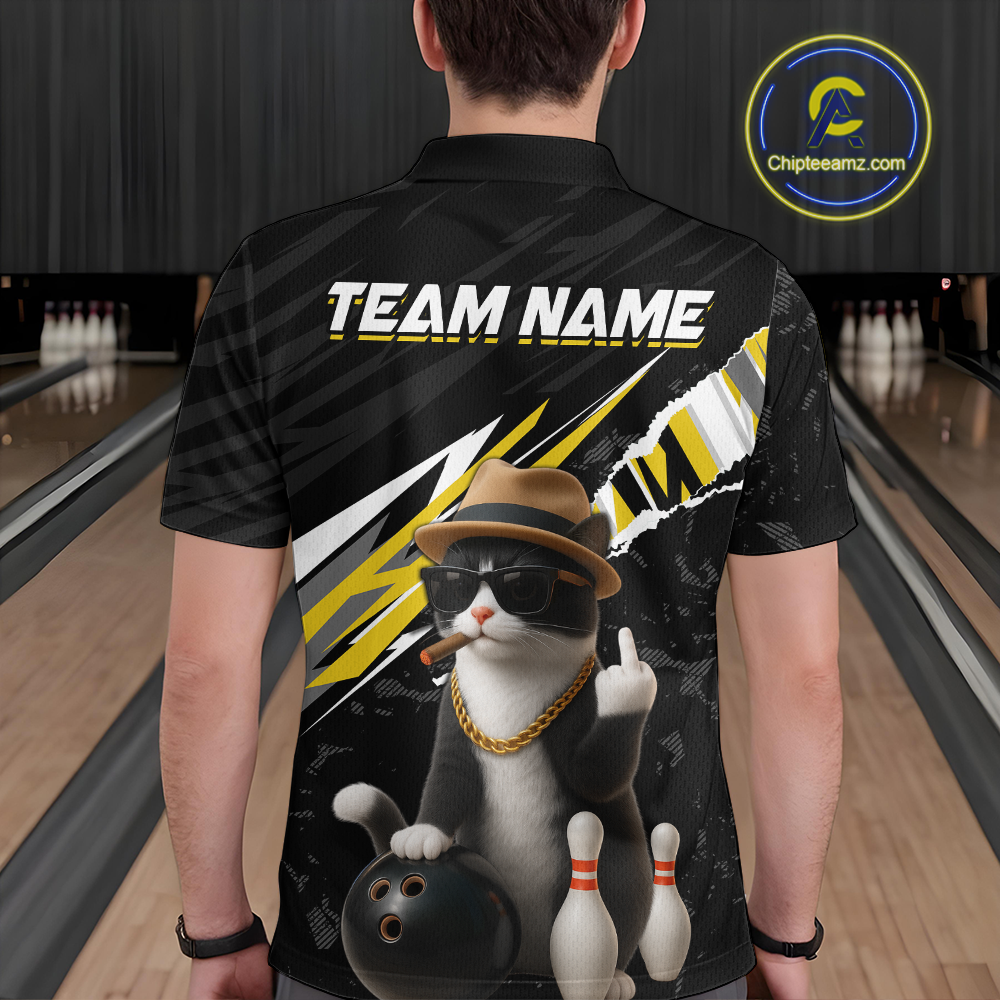 Custom Yellow Funny Cat Bowling Jersey for Men Bowling Shirt Polo & 1/4 Zip Bowling Team Shirts HNT136