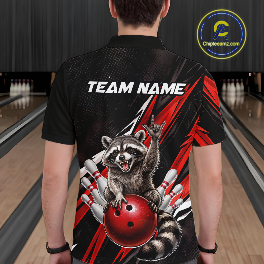 Custom Red Raccoon Bowling Jersey for Men Bowling Team Shirts Bowling Polo & 1/4 Zip HNT254