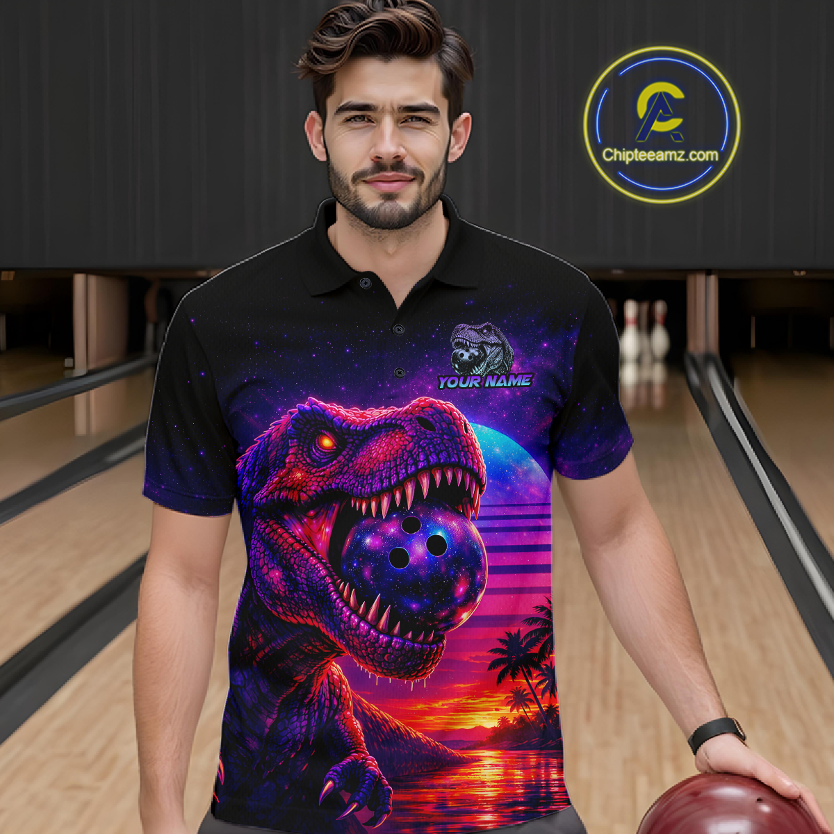 Custom Retro Galaxy Dinosaur Bowling Jersey for Men Bowling Shirts for Team Polo & 1/4 Zip HNT245
