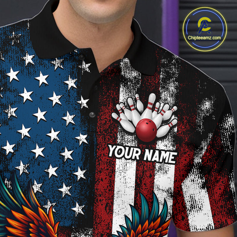 Custom Rooster US Flag Bowling Jersey for Men Bowling Team Shirts Bowling Polo & 1/4 Zip HNT259