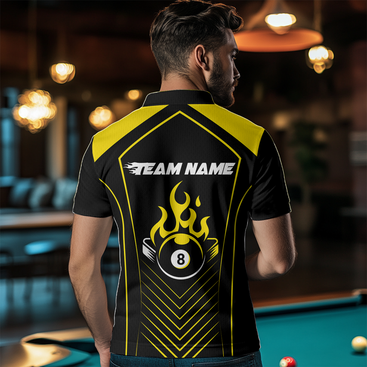 Customized Yellow 8 Ball Pool Crown Men's Billiard Shirts, Billiard Team Shirts Polo & 1/4 Zip Shirts NNT37