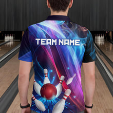 Load image into Gallery viewer, Personalized Galaxy Bowling Pins and Ball Shirt Blue &amp; Purple Neon Polo Bowling Team League QZT664