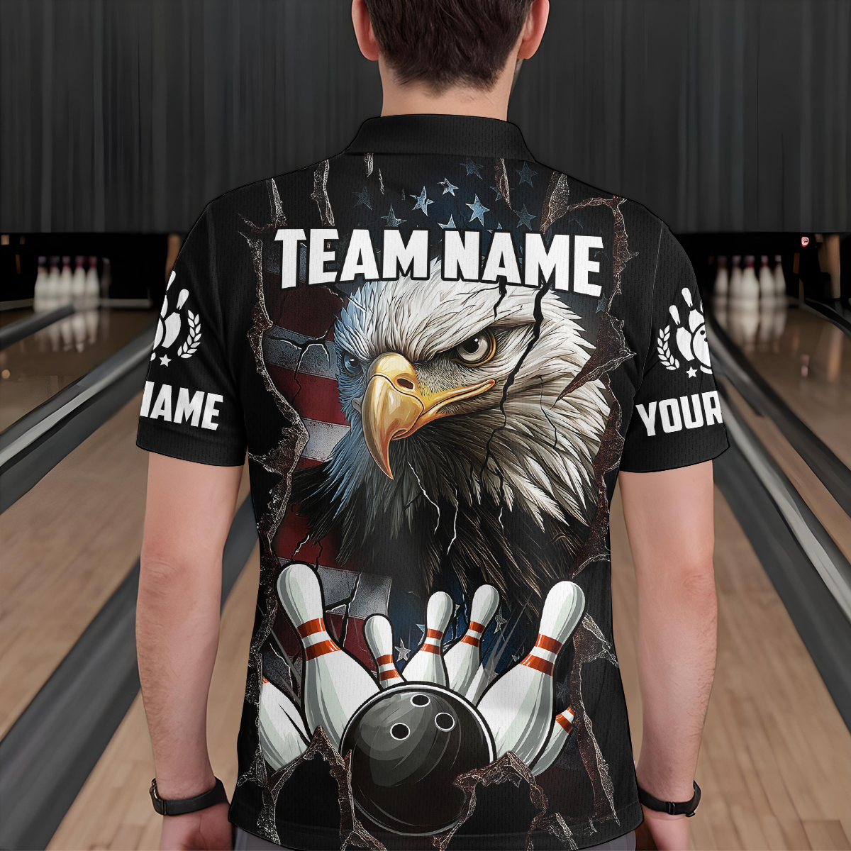 US Flag Eagle Bowling Shirt for Men Personalized Polo & Quarter-Zip Team Bowling Jersey with Team HNT02