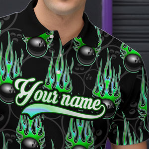Black Bowling Ball Camo Green Flame Bowling Polo, 1/4 Zip Shirt for Men Custom Bowling Team Jersey NQS9479