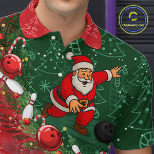 Christmas Santa Mens Bowling Polo, Quarter Zip Shirt Custom Christmas Team Bowling outfit For Men NQS10342