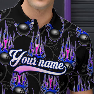 Black Bowling Ball Camo Blue Flame Bowling Polo, 1/4 Zip Shirt for Men Custom Bowling Team Jersey NQS9480