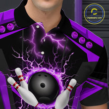 Load image into Gallery viewer, Black Men bowling Polo, 1/4 Zip shirt Custom lightning thunder team league bowling jersey | Purple NQS10375