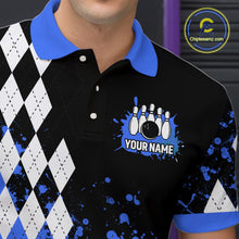 Load image into Gallery viewer, Blue argyle pattern Retro Bowling Shirts For Men Custom My drinking team has a bowling problem NQS9824